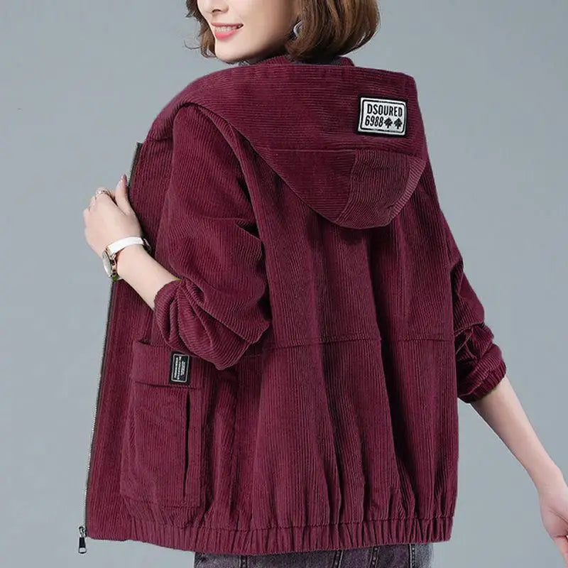 Corduroy Short Coat 5XL Women's 2025 Spring Autumn New Korean Loose Solid Hooded Jacket Fashion Casual Female Zipper Coat Tops
