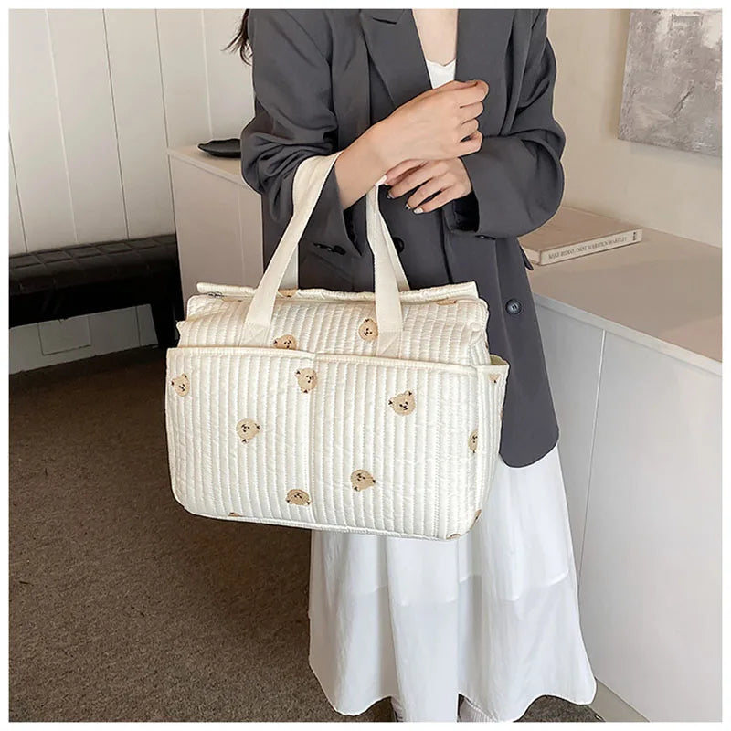 New High-capacity Mummy Bag Embroidered Bear Mother and Baby Handbag Baby Bottle Diaper Portable Baby Stroller Bag
