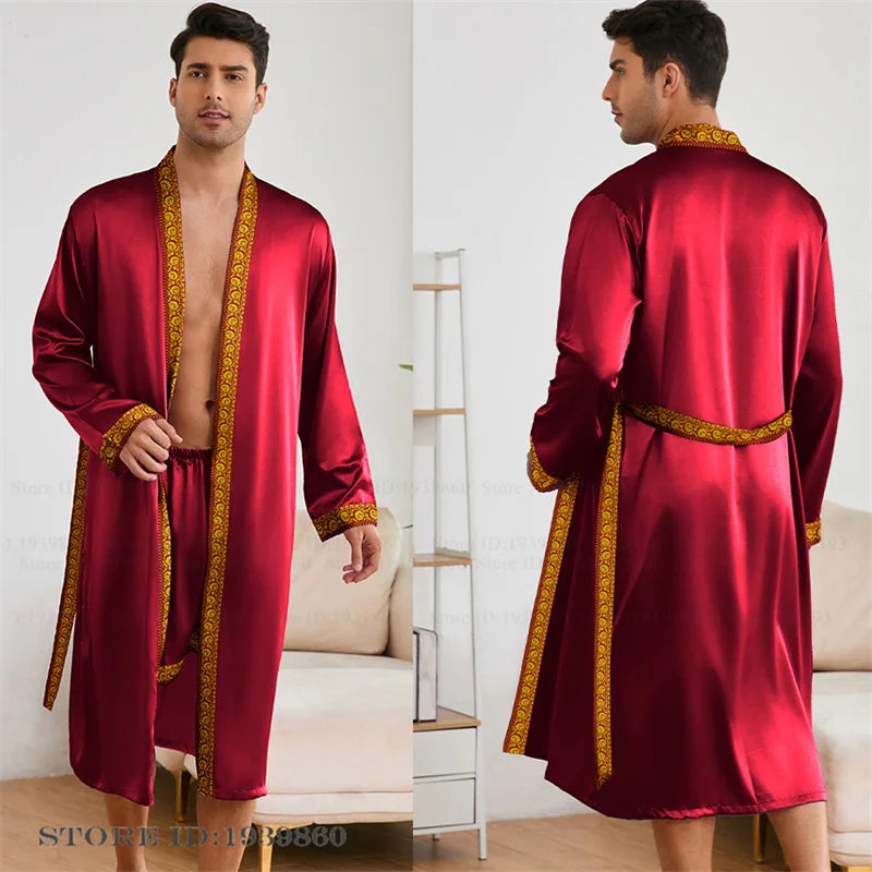 Men Long Robe Pajamas Set Baroque Style Kimono Bathrobe Gown Spring Summer Male Sleepwear Home Clothing Rayon Loungewear Pijamas