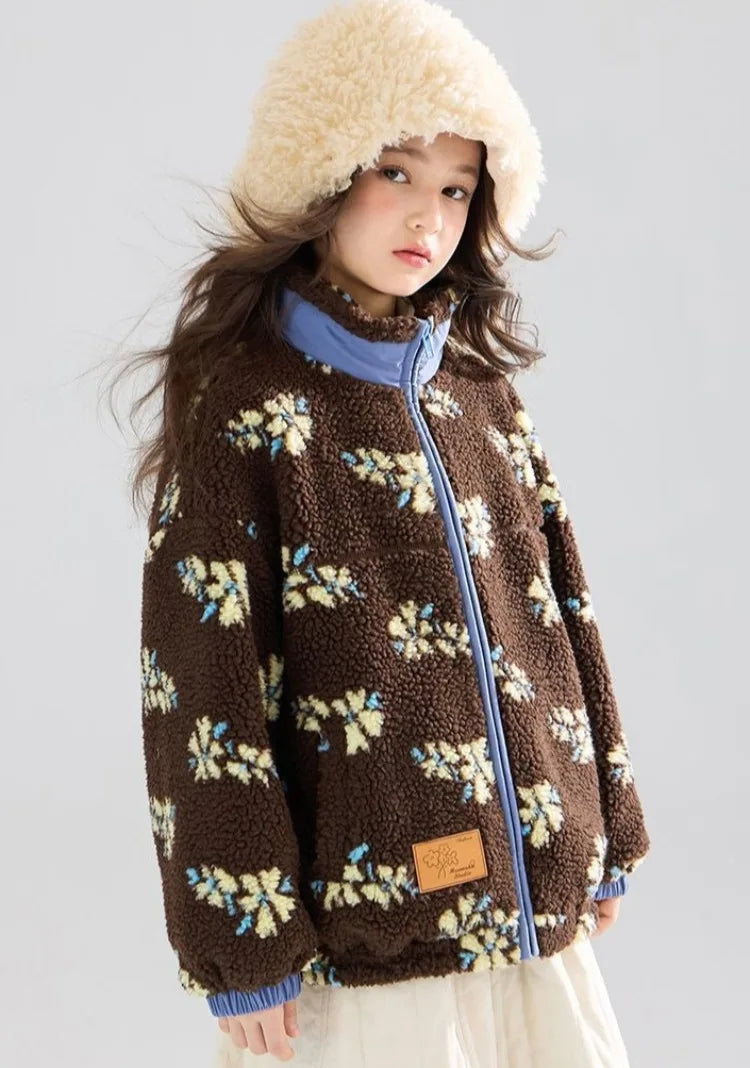 Girl's Winter Coat Floral Jacquard Lamb Fur Thickened Stylish Autumn Winter Toddler Kids Cotton Jacket