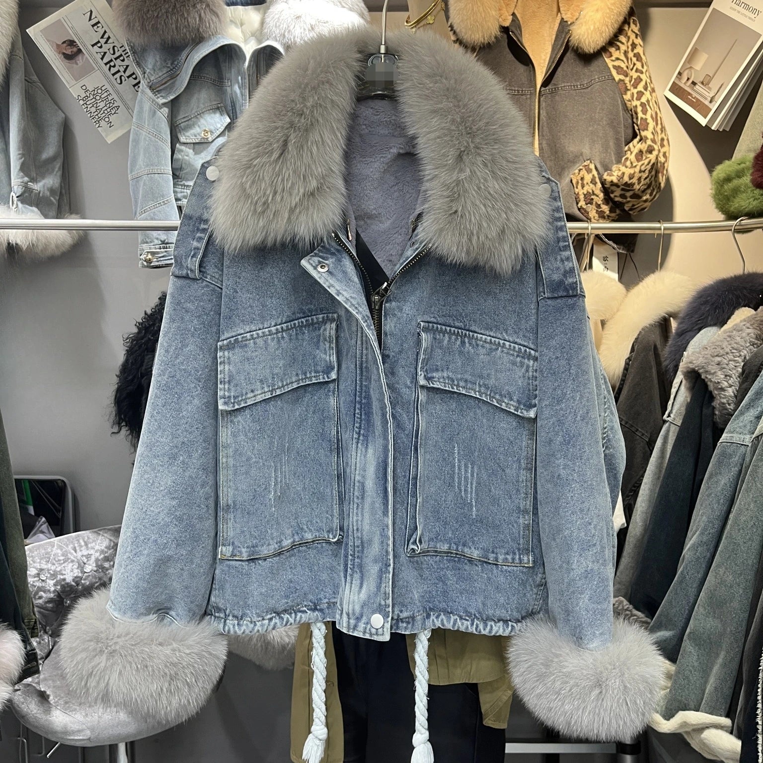 Fox Fur Denim Jacket for Women Fleece-Lined and Thickened Winter 2025 New Korean Style Loose Fit Batwing Sleeve Cotton Coat