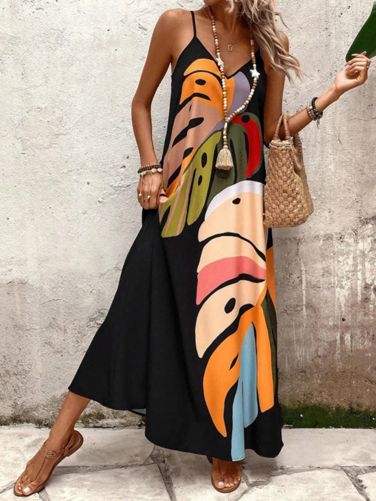 Women's elegant casual thin shoulder suspender A pendulum loose version long skirt summer fashion floral print dress