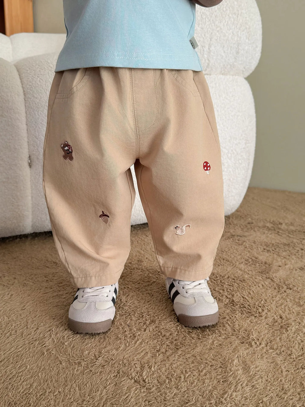 2025 Fall New Toddler Kids Pants Cotton Cartoon Embroidered Harem Pants Baby Boy Casual Striped Denim Baggy Trousers