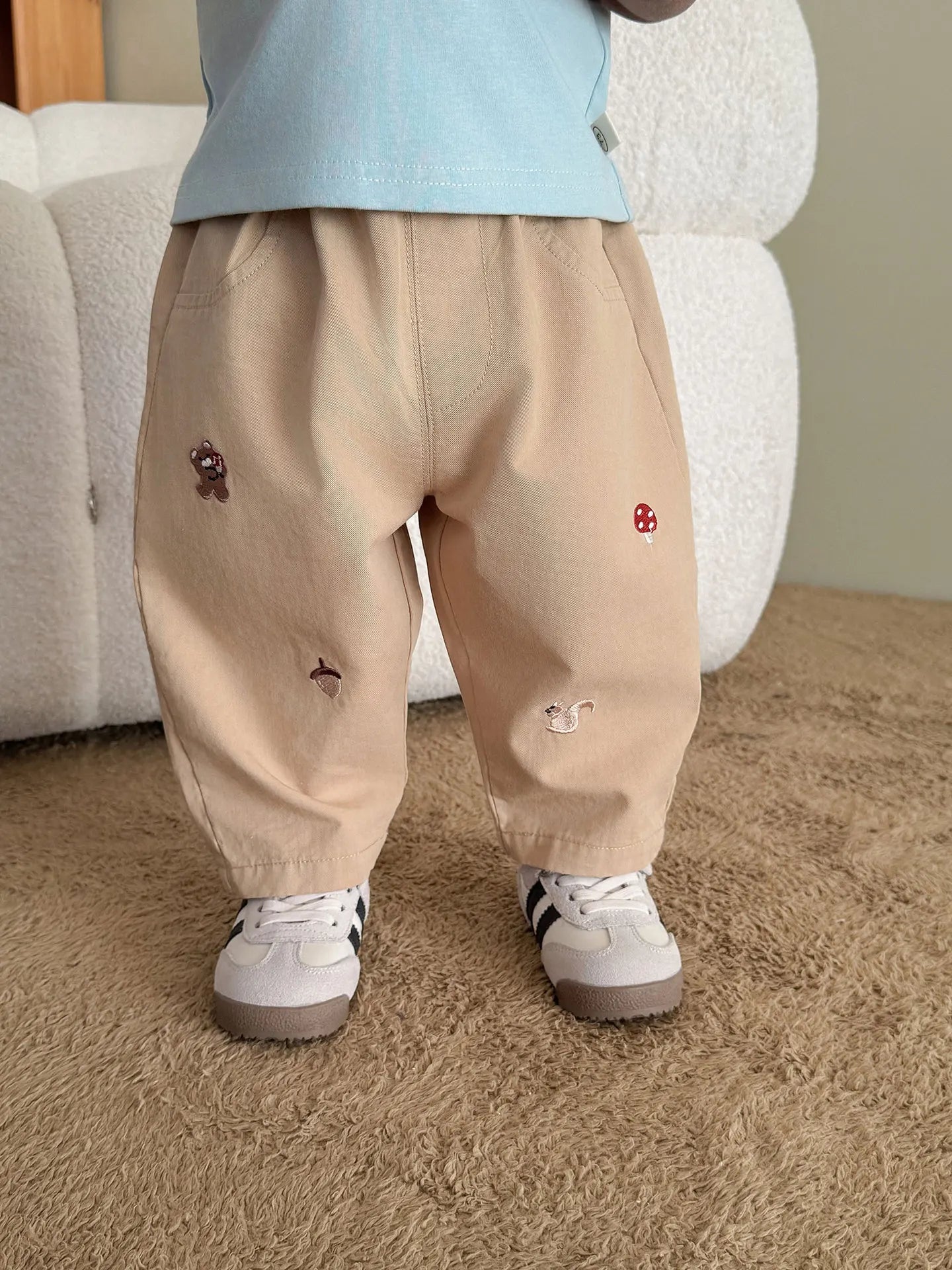 2025 Fall New Toddler Kids Pants Cotton Cartoon Embroidered Harem Pants Baby Boy Casual Striped Denim Baggy Trousers