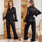 Female Pajamas 2PCS Set Sexy Perspective Lace Long Sleeve Trouser Pijamas Suit Sleepwear Loose Silk Satin Homewear Loungewear