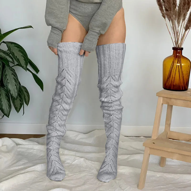 Knitted Leg Warmers Solid Color Hollow Mesh Long Over The Knee Stacked Socks Women Wool Winter Warm Socks Home Long Socks