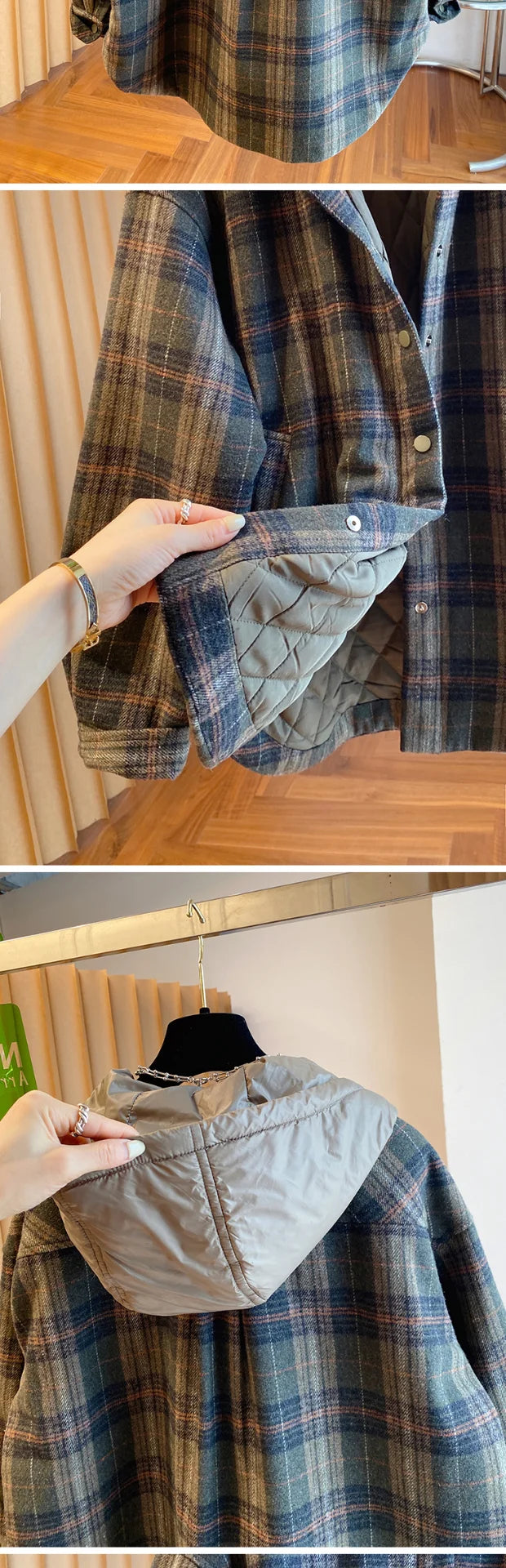 Winter Thiened Plaid Cotton Coat Women's Loose Korean Sle Hooded Jaet Long Sve Commute Faion Regular Length Single...