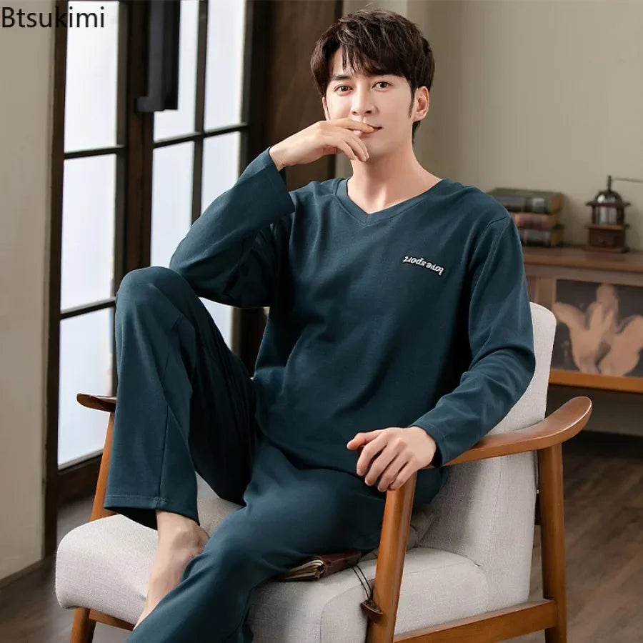 Fashion Lounge Pajamas Sets Men's Spring New Long-sleeved Tops with Trousers Cotton Homewear Comfort Simple Sleepwear Two Pieces