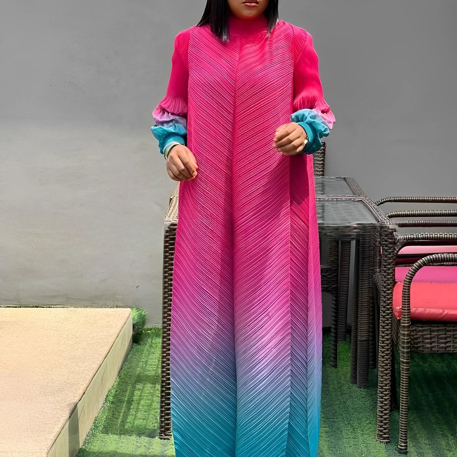 Miyake Pleated Maxi Long Miyake Dress Gradient Color Lantern Sleeves Half Turtleneck Formal Dresses for Women 2024 New Vestidos