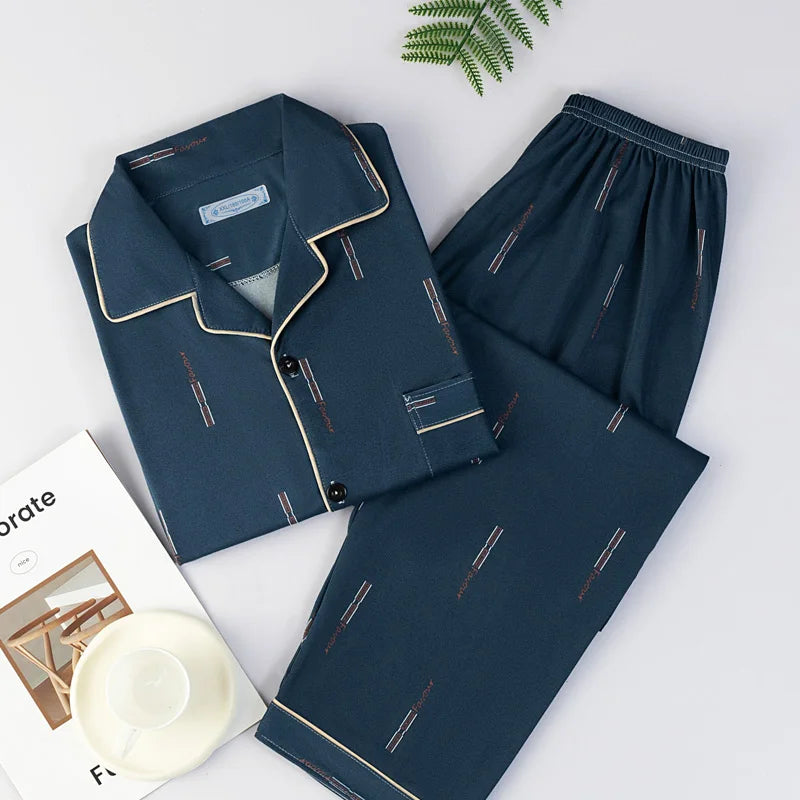 Men's Thin Cotton Pajamas Long Sve Long Pants Two-Piece Set Casual