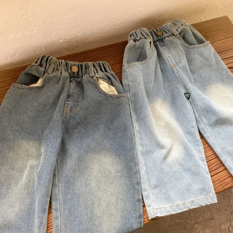 Children Wide Leg Jeans Spring Autumn Boy and Girl Elastic Waist Straight Leg Denim Pants Kids Casual Versatile Trousers A40056