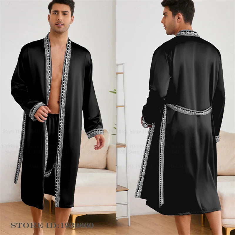 Men Long Robe Pajamas Set Baroque Style Kimono Bathrobe Gown Spring Summer Male Sleepwear Home Clothing Rayon Loungewear Pijamas
