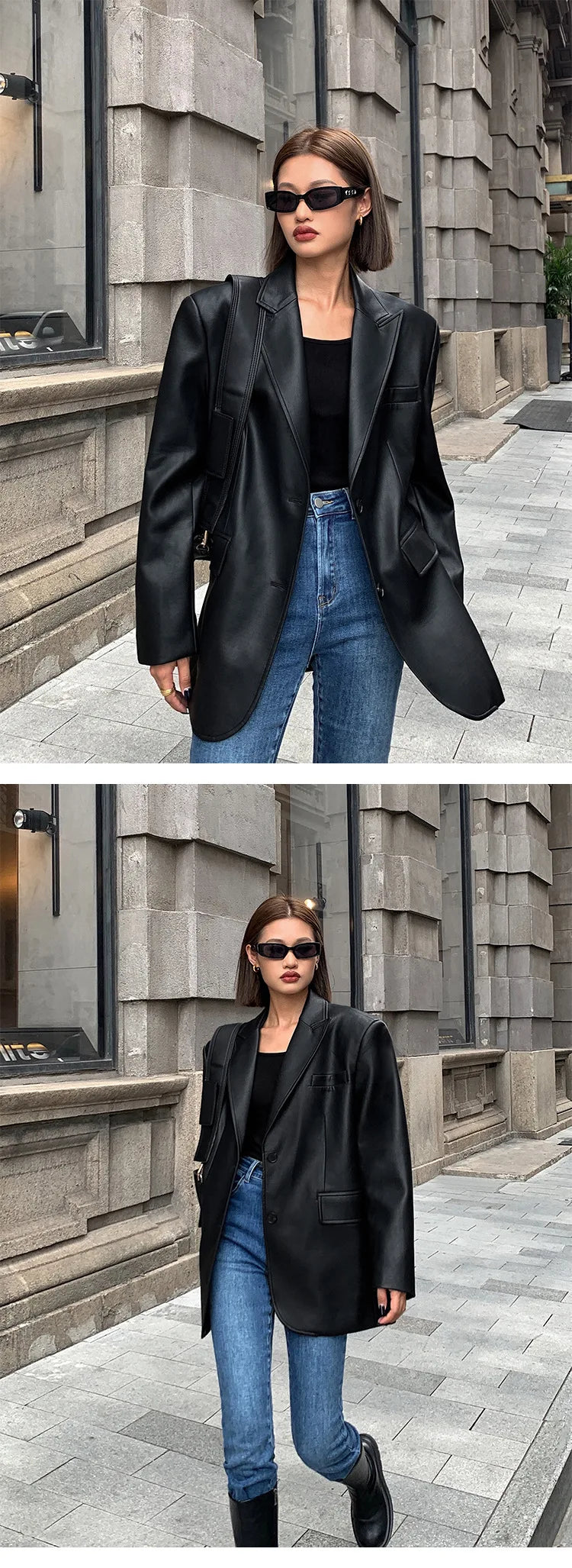 Women Black Brown Soft PU Leather Blazer Shoulder Pads Long Sleeve Single Breasted Loose Casual Jacket Tops Korean Fashion Coat