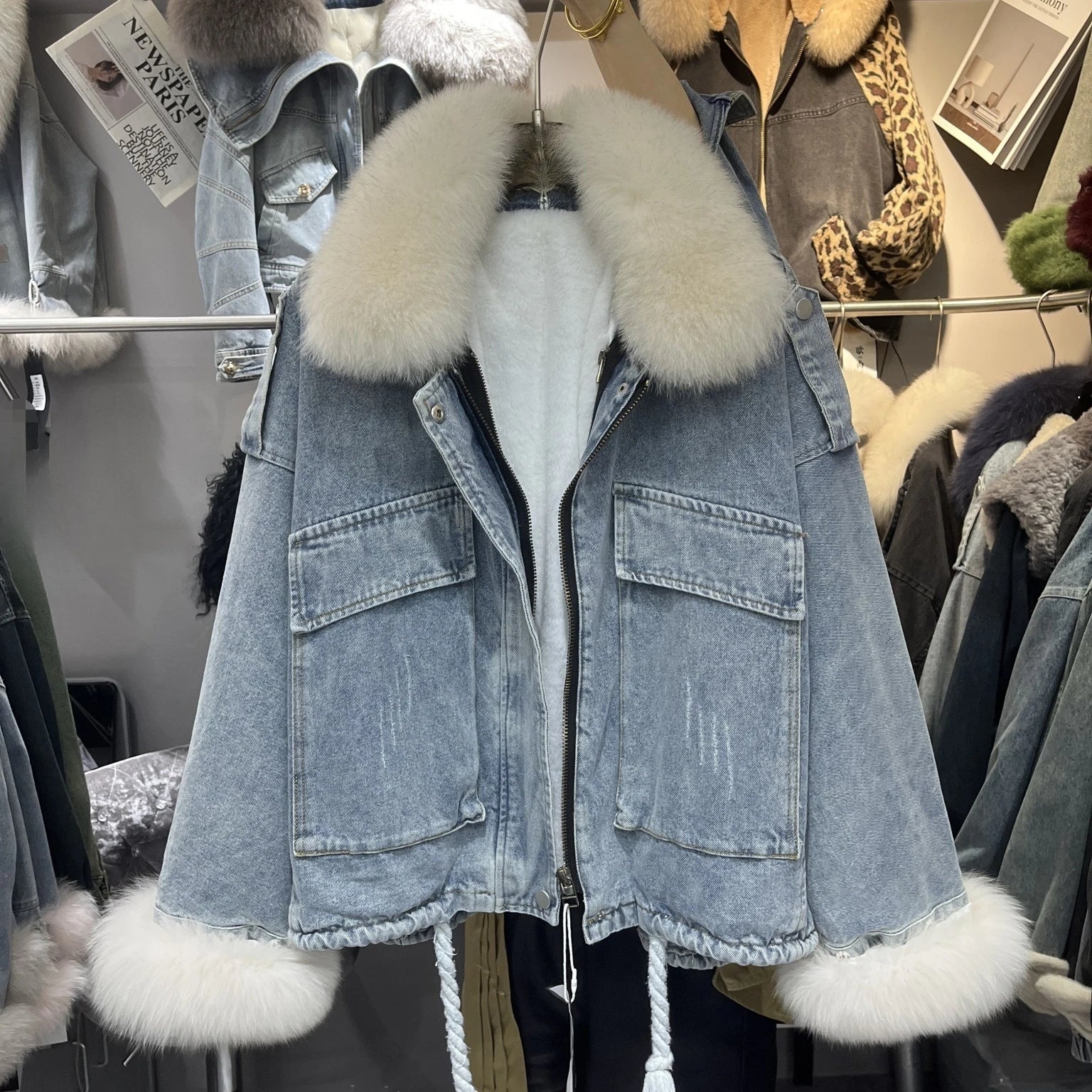 Fox Fur Denim Jacket for Women Fleece-Lined and Thickened Winter 2025 New Korean Style Loose Fit Batwing Sleeve Cotton Coat