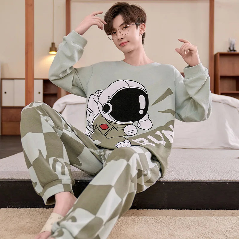 Men's Pajamas Spring Autumn 100% Cotton Youth Pajamas Student Suits Fashionable Sweet Cartoon Home Clothes For Men
