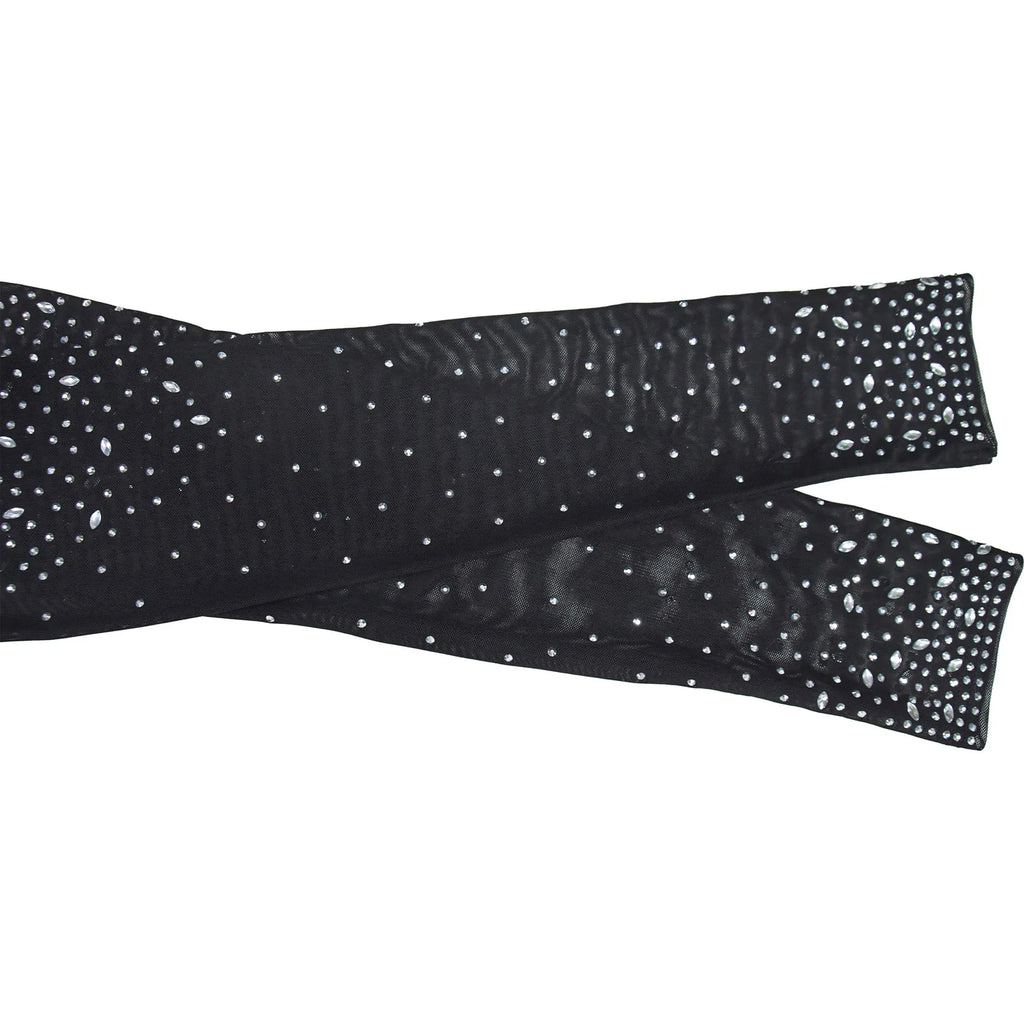 Women's Glittery Rhinestones Gymnastics Jumpsuit Sheer Mesh Patchwork Mock Neck Long Sleeve Dance Rompers One-piece Bodysuit