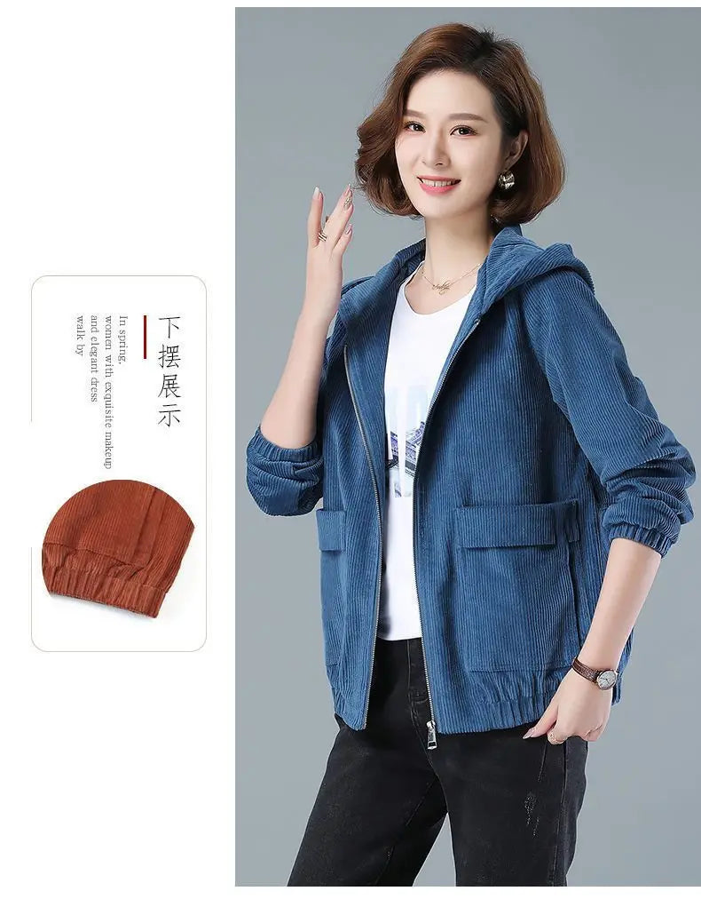 Corduroy Short Coat 5XL Women's 2025 Spring Autumn New Korean Loose Solid Hooded Jacket Fashion Casual Female Zipper Coat Tops