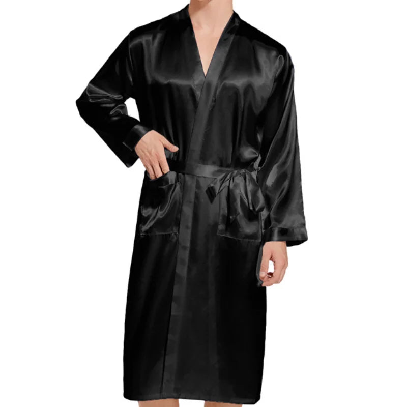 Men Long Bathrobe Sleepwear Navy Blue Silk Satin Bridegroom Wedding Robe Kimono Gown Spring Summer Home Clothes Loungewear