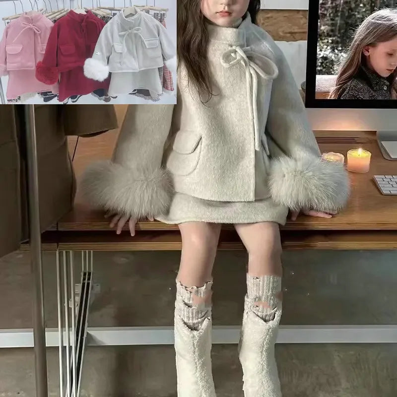 Girl's Set Made of Fabric with Cotton Clip Thickened Woolen Jacket and Dress New Fashion Trend for 2024 Winter Clothing