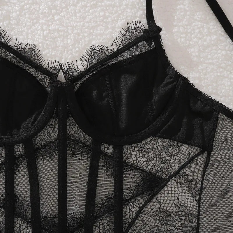 Lingeries Sexy Hot Exquisite Sheer Eyelash Lace Lingerie Sets for Women Tight Waist Corset Tops and Thong Garter Erotic Costumes