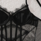 Lingeries Sexy Hot Exquisite Sheer Eyelash Lace Lingerie Sets for Women Tight Waist Corset Tops and Thong Garter Erotic Costumes