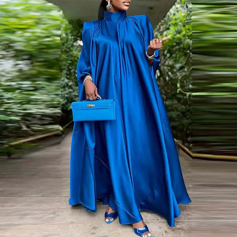 Elegant Evening Dress VONDA Women Pleated Stand Collar Long Sleeve Satin Party Sundress Autumn Casual Solid Loose Robe Vestidos