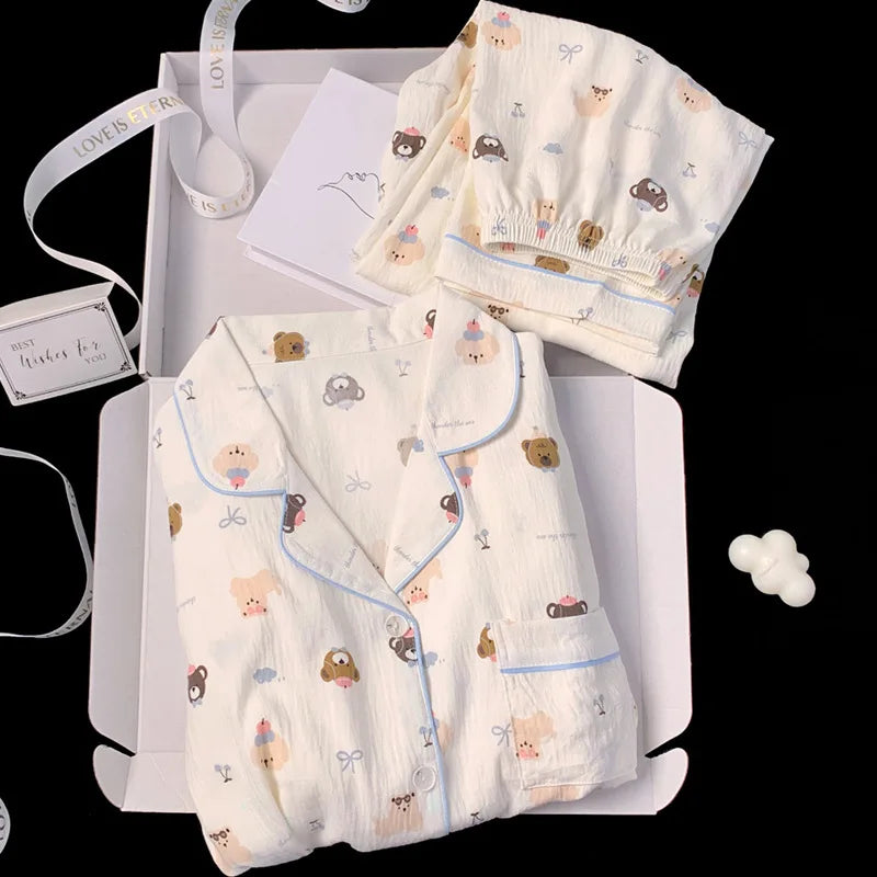 Postpartum Clothing Cartoon Bear Autumn Long Sleeve Outerwear Pajama Women Set Home Clothes Maternity Ladies Sleepwear Hoemwear