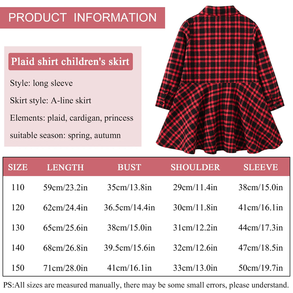 Girl's Shirt,Long Sleeve Girls Checked Dress,Fashion Sweet Teens Blouse,Lapel Letter Print Children's Plaid Tops,Princess Dress