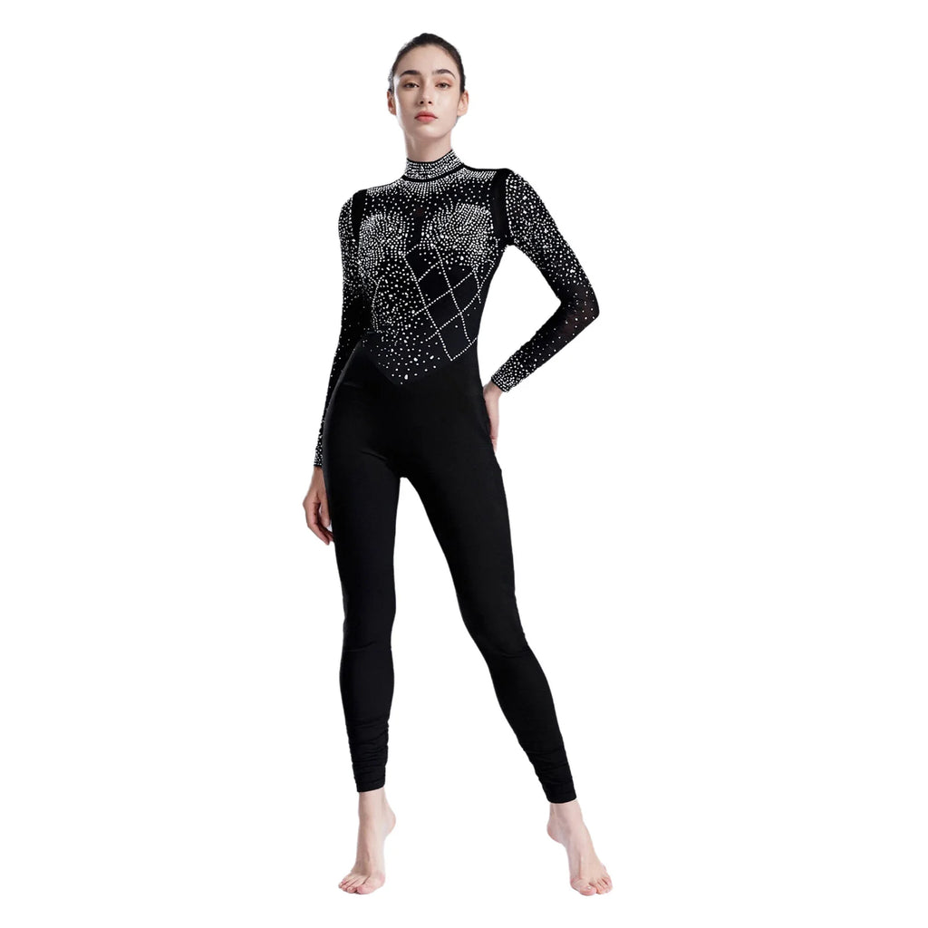Women's Glittery Rhinestones Gymnastics Jumpsuit Sheer Mesh Patchwork Mock Neck Long Sleeve Dance Rompers One-piece Bodysuit