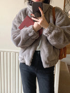 Women Autumn Winter Thicken Warm Coat Stand-Collar Loose Fur Plush Zipper Jacket Soft Comfortable Casual Simple Solid Outerwear