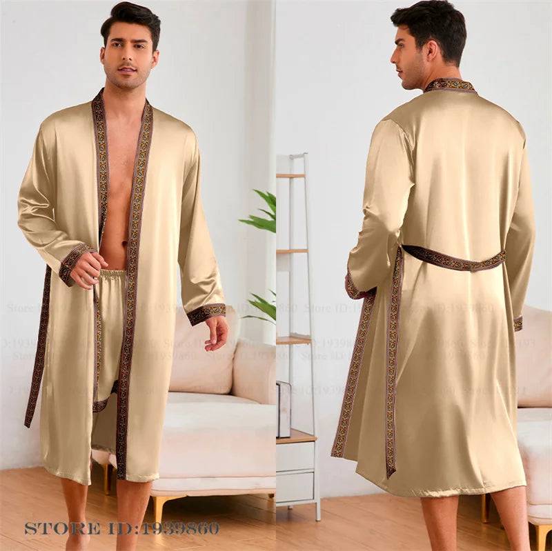 Men Long Robe Pajamas Set Baroque Style Kimono Bathrobe Gown Spring Summer Male Sleepwear Home Clothing Rayon Loungewear Pijamas