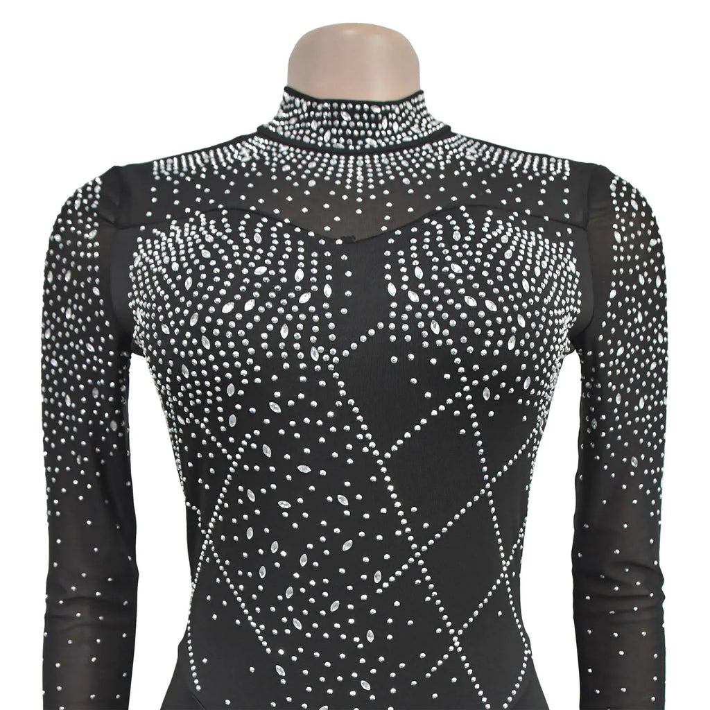 Women's Glittery Rhinestones Gymnastics Jumpsuit Sheer Mesh Patchwork Mock Neck Long Sleeve Dance Rompers One-piece Bodysuit