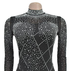 Women's Glittery Rhinestones Gymnastics Jumpsuit Sheer Mesh Patchwork Mock Neck Long Sleeve Dance Rompers One-piece Bodysuit