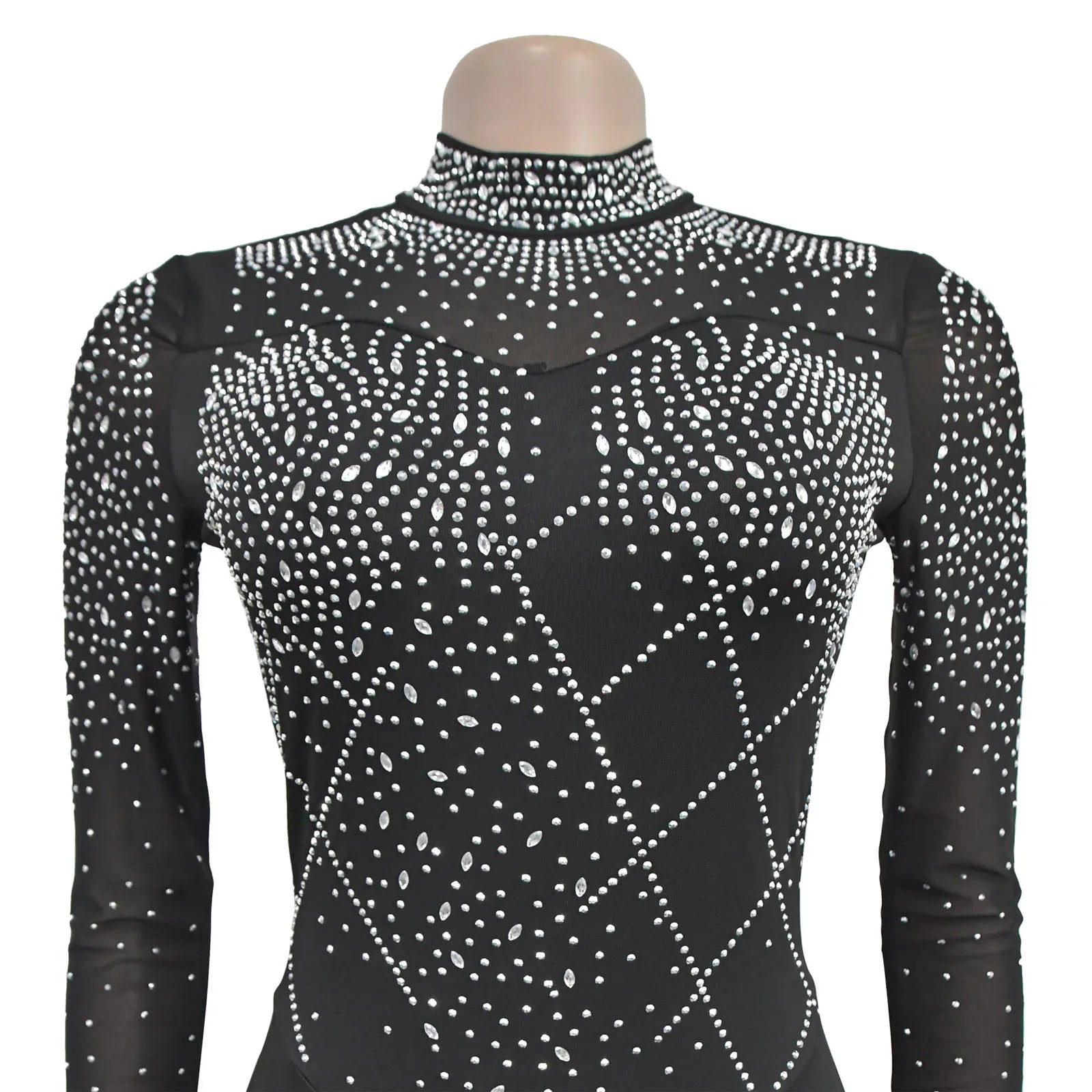 Women's Glittery Rhinestones Gymnastics Jumpsuit Sheer Mesh Patchwork Mock Neck Long Sleeve Dance Rompers One-piece Bodysuit
