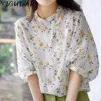 Women Shirt 2024 Spring New Arrival Printed Floral Shirt Stand Collar Neck Long Sleeve Elegant Blouse Top