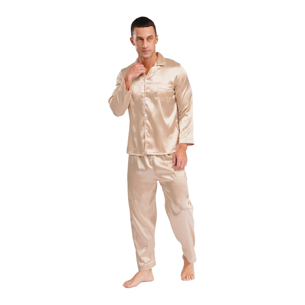 Mens Satin Pajamas Set Two Pieces Sleepwear