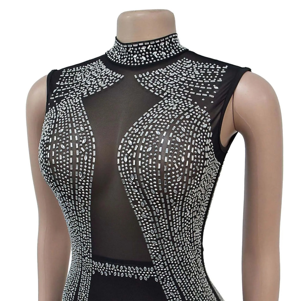 Women's Glittery Rhinestones Gymnastics Jumpsuit Sheer Mesh Patchwork Mock Neck Long Sleeve Dance Rompers One-piece Bodysuit