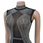 Women's Glittery Rhinestones Gymnastics Jumpsuit Sheer Mesh Patchwork Mock Neck Long Sleeve Dance Rompers One-piece Bodysuit
