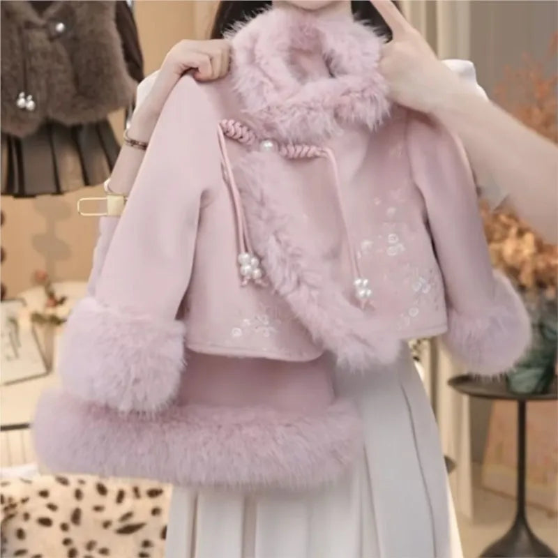 Girls' Winter Embroidery Chinese Style Clothing Set 2026 New Chinese Style Children's Fashion Coat Half Skirt 2-Piece Set LI638