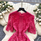 Ele Hollow out Lace ort Sve Dr Women's Summer Slimming A-Line Gown High Waist Korean Sle Commute Suitable