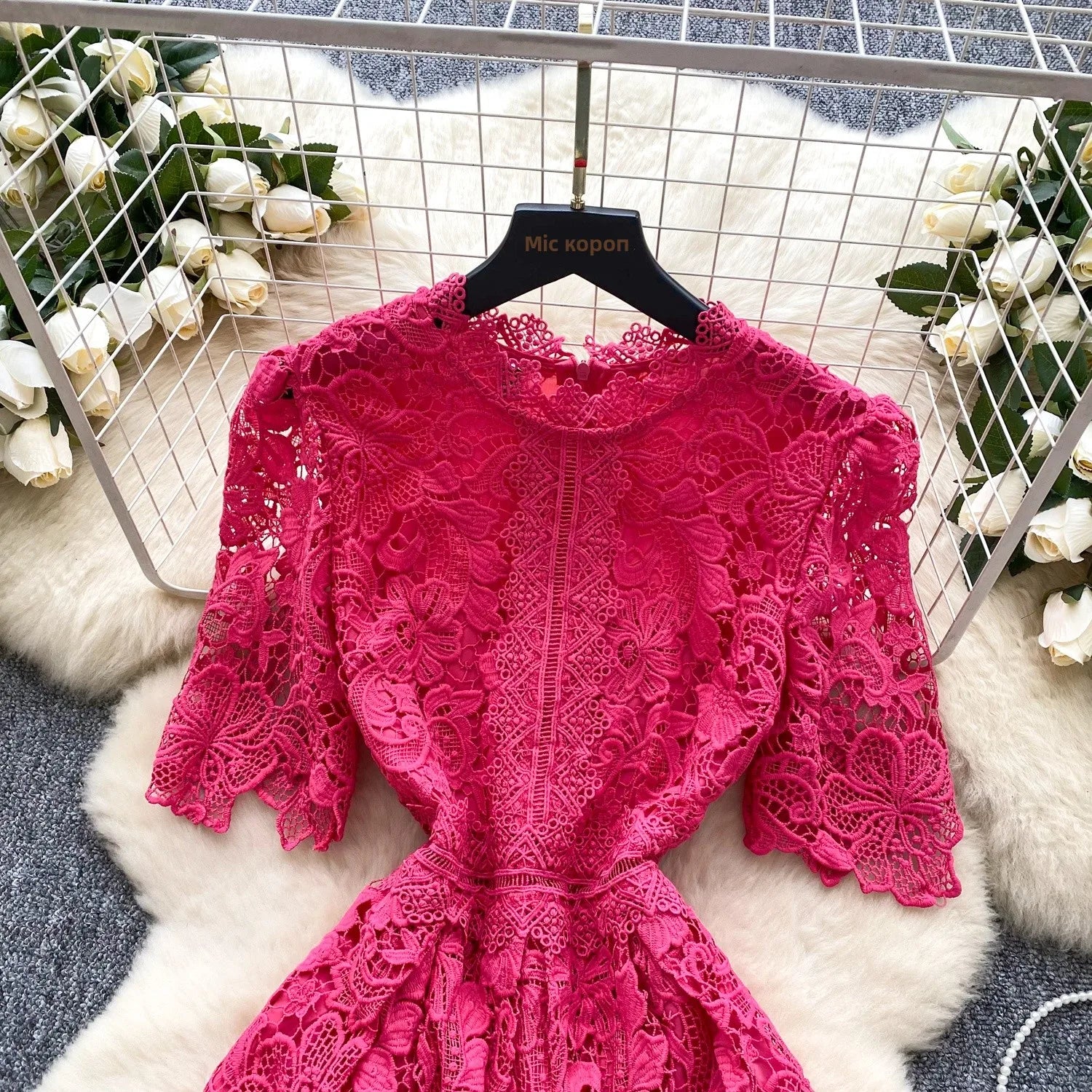 Ele Hollow out Lace ort Sve Dr Women's Summer Slimming A-Line Gown High Waist Korean Sle Commute Suitable