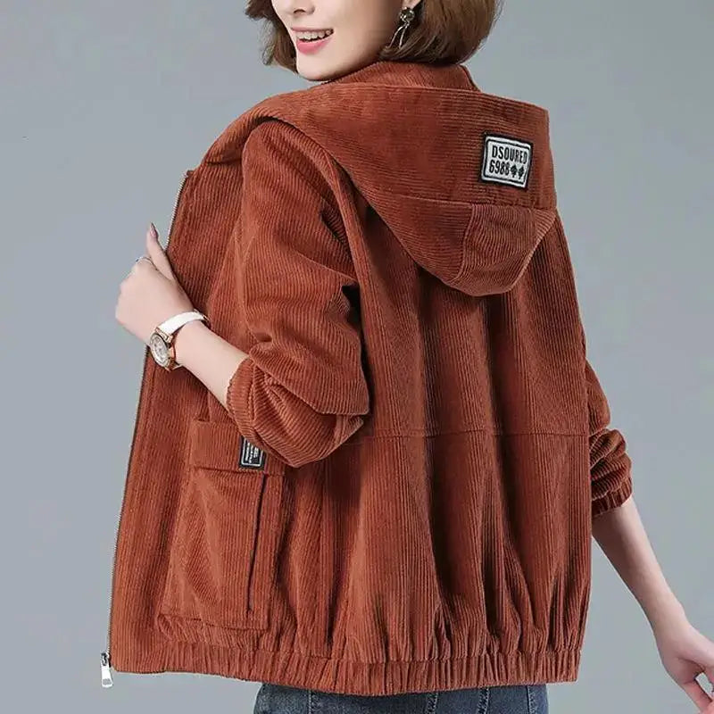 Corduroy Short Coat 5XL Women's 2025 Spring Autumn New Korean Loose Solid Hooded Jacket Fashion Casual Female Zipper Coat Tops