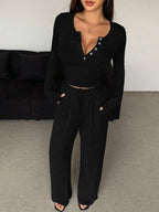 Women's Pajamas Sexy Tight-fitting Button V-neck Long-sleeved Drawstring Long Trousers Two-piece Set Casual Simple Homewear