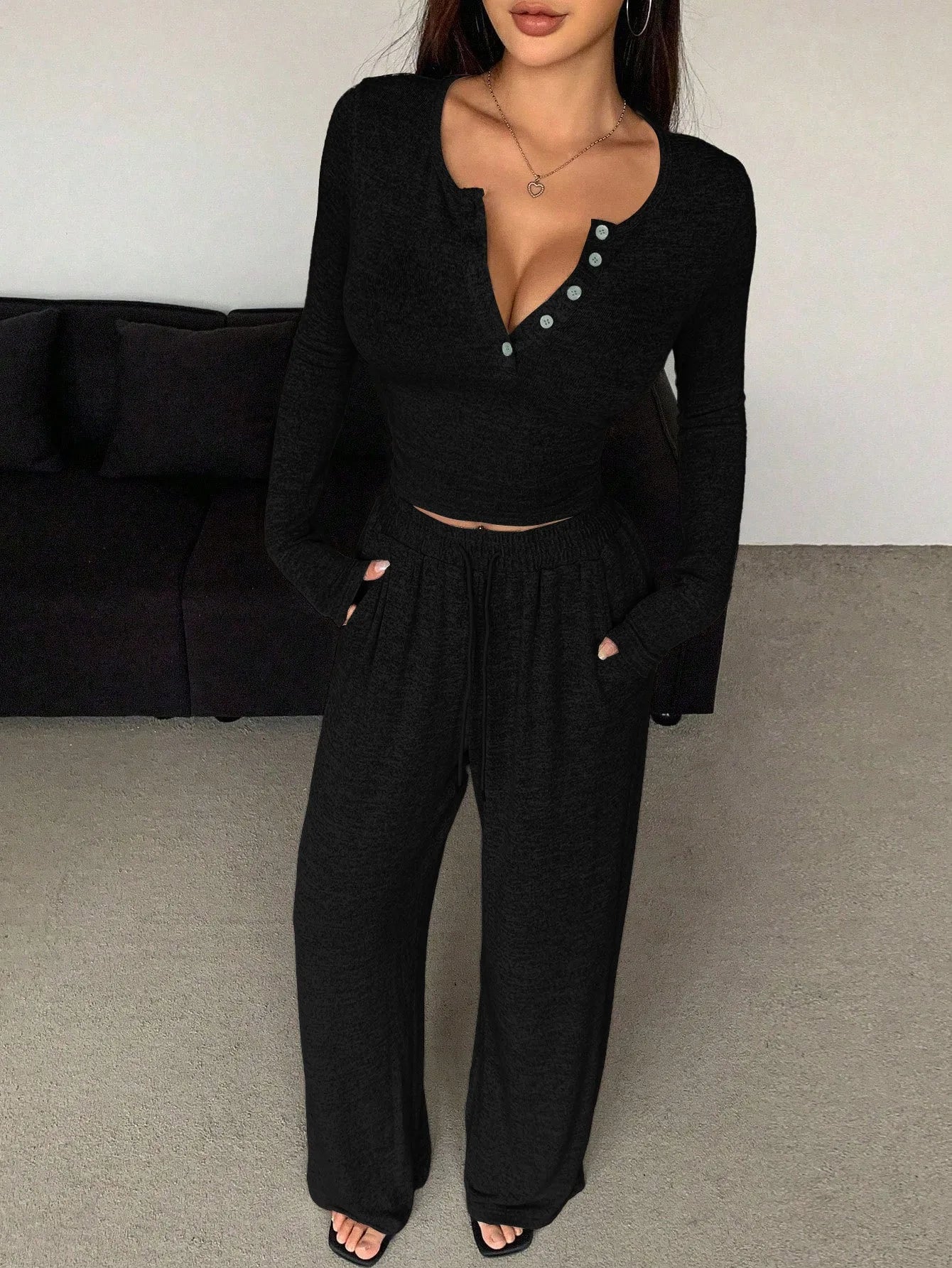 Women's Pajamas Sexy Tight-fitting Button V-neck Long-sleeved Drawstring Long Trousers Two-piece Set Casual Simple Homewear