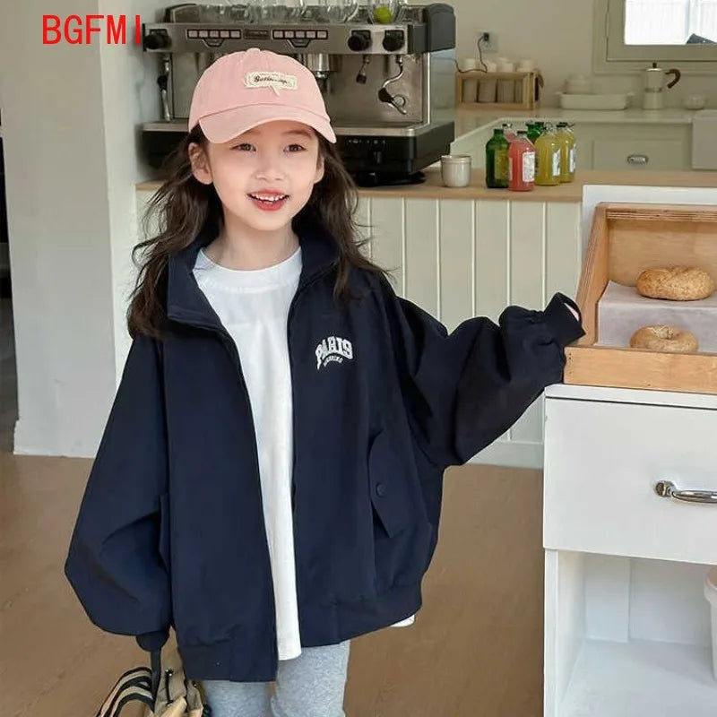 Girl's Fashion Spring Autumn Navy Coat Letter Print Jacket Casual Clothes for Teenagers 4-14Y Windbreaker Girls Children's Top