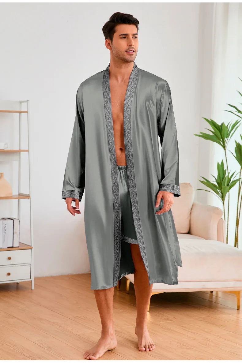 Men Long Robe Pajamas Set Baroque Style Kimono Bathrobe Gown Spring Summer Male Sleepwear Home Clothing Rayon Loungewear Pijamas