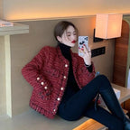 2023 Autumn New French High end Temperament Red Fragrant Coat Women's Short Thick Tweed OutwearFashion Women Slim Thicken Jacket