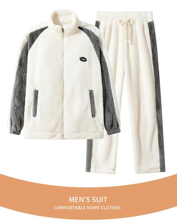 Men's Pajamas made of coral fleece, Plus Size 8XL, spliced, square collar, long sleeves, long pants, warm Sleepwear Set