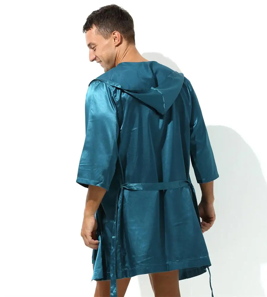 Sexy Sleepwear Men Robes Bathrobes Soft Silky Short Sleeve Nightgown Mens Homewear Dressing Gown Male Pajamas (No shorts)