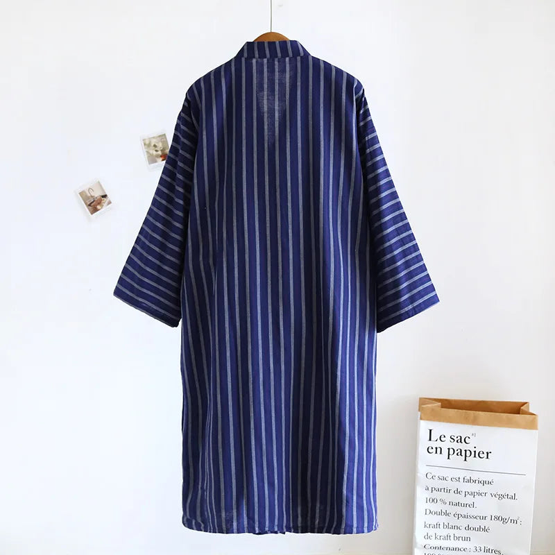 Blue Red Striped Printed Robe for Men 100% Cotton Kimono Men Bathrobe for Spring Autumn 100% Cotton Long Style Men Kimono Robe